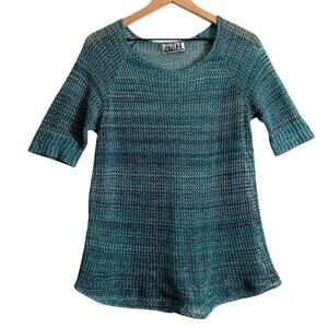 Vintage 90s 212 Collection New York Blue Green Open Knit Half Sleeve Sweater Top